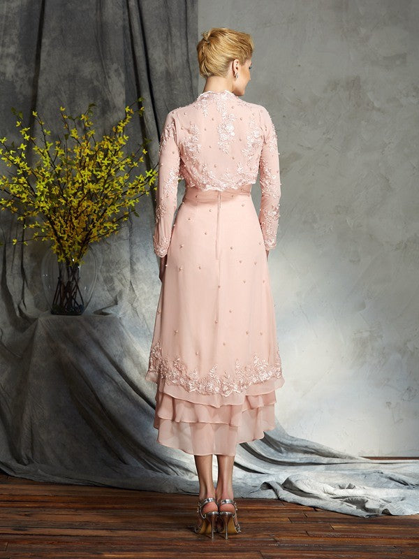 Robe de mère de la mariée courte en mousseline, coupe A-Line/Princesse, sans bretelles, avec appliques