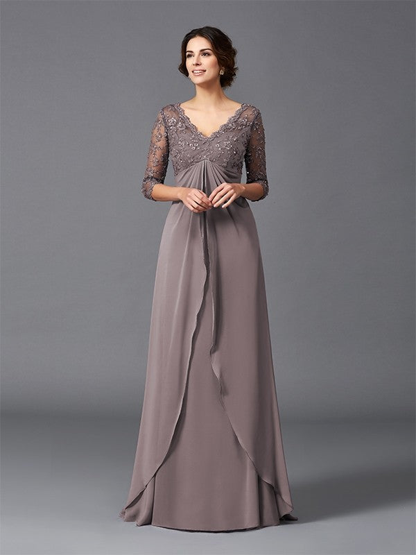 Robe de mère de la mariée longue en mousseline de soie, coupe A-Line/Princesse, col en V, dentelle, manches 3/4