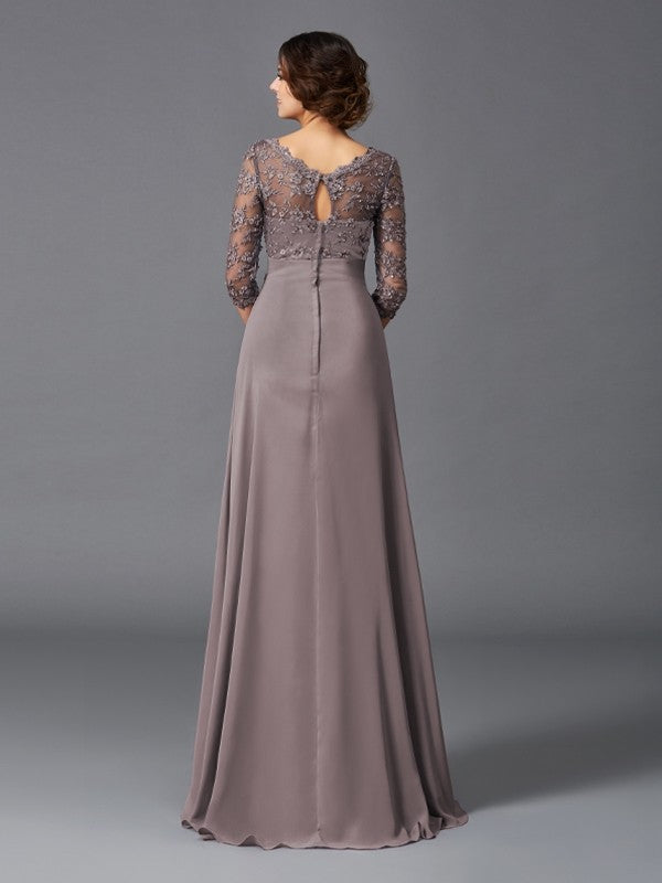 Robe de mère de la mariée longue en mousseline de soie, coupe A-Line/Princesse, col en V, dentelle, manches 3/4
