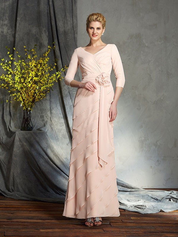 Robe de mère de la mariée longue en mousseline, col en V, manches 3/4, motif floral fait main