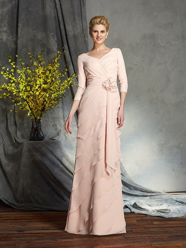 Robe de mère de la mariée longue en mousseline, col en V, manches 3/4, motif floral fait main