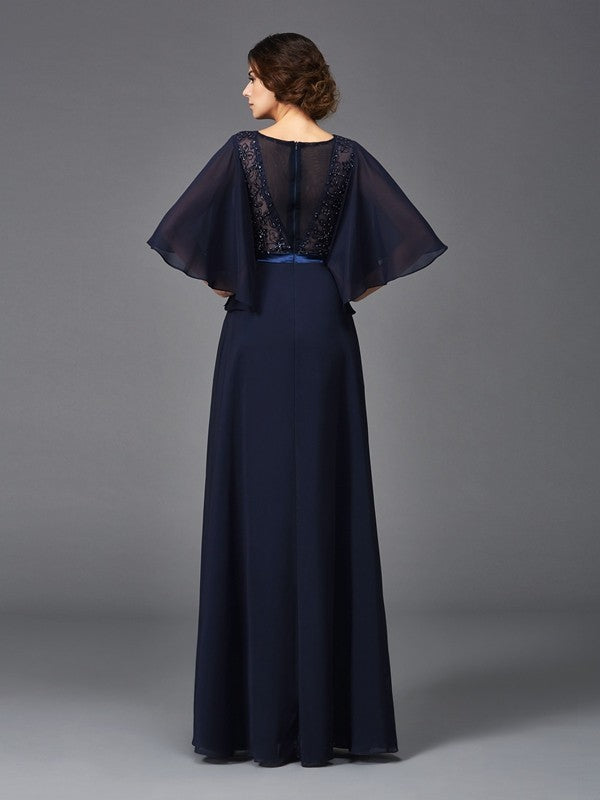 A-Line/Princess Scoop Beading 1/2 Sleeves Long Chiffon Mother of the Bride Dresses