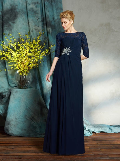 A-Line/Princess Bateau Beading 1/2 Sleeves Long Chiffon Mother of the Bride Dresses