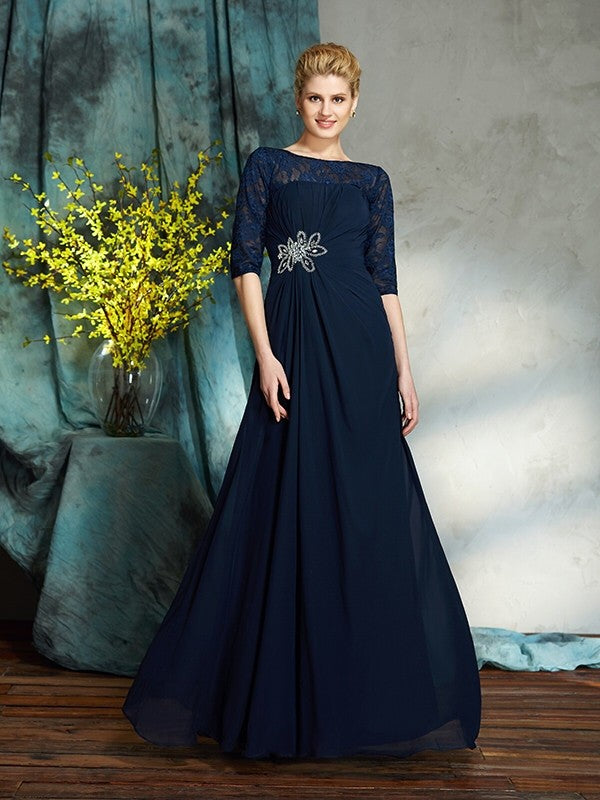 A-Line/Princess Bateau Beading 1/2 Sleeves Long Chiffon Mother of the Bride Dresses
