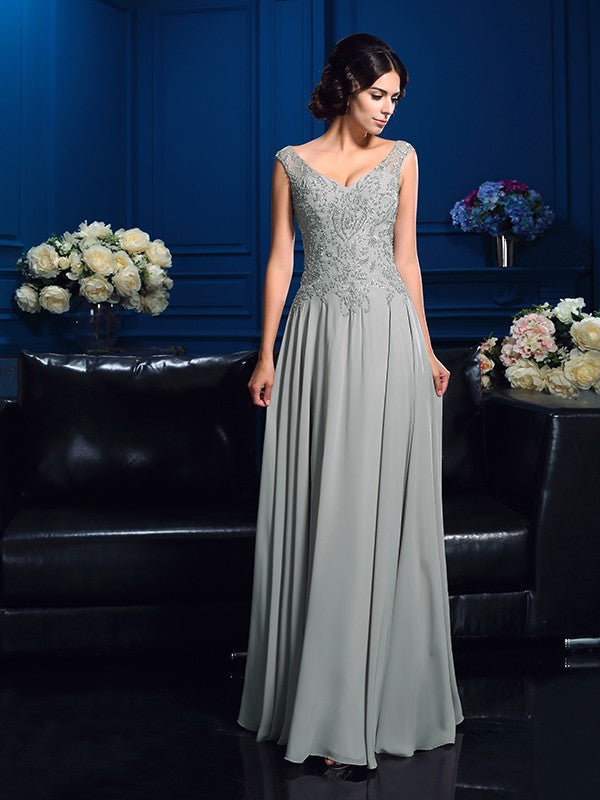 A-Line/Princess V-neck Beading Sleeveless Long Chiffon Mother of the Bride Dresses
