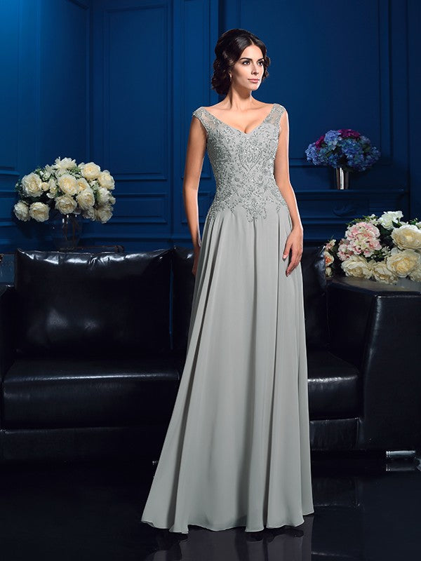 A-Line/Princess V-neck Beading Sleeveless Long Chiffon Mother of the Bride Dresses