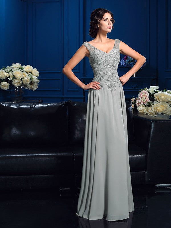 A-Line/Princess V-neck Beading Sleeveless Long Chiffon Mother of the Bride Dresses