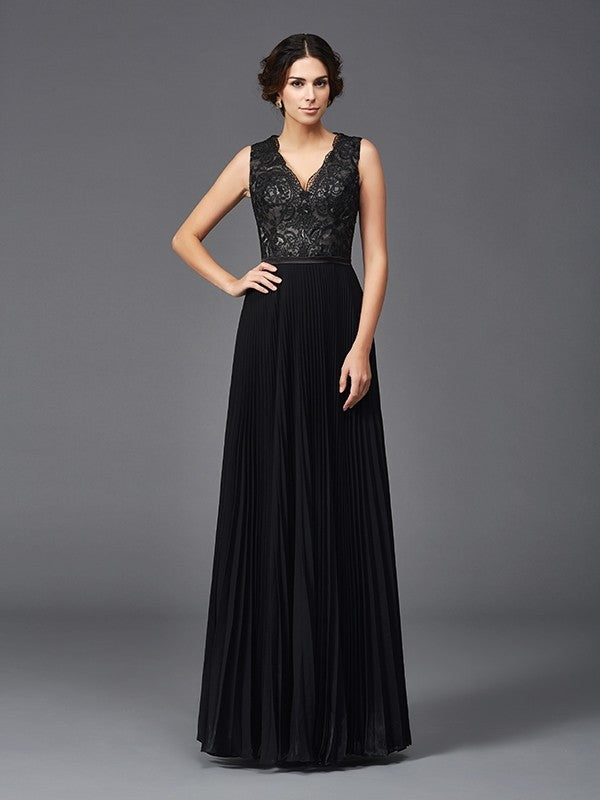 Robe de mère de la mariée en mousseline de soie, coupe A-line/princesse, col en V, sans manches, en dentelle