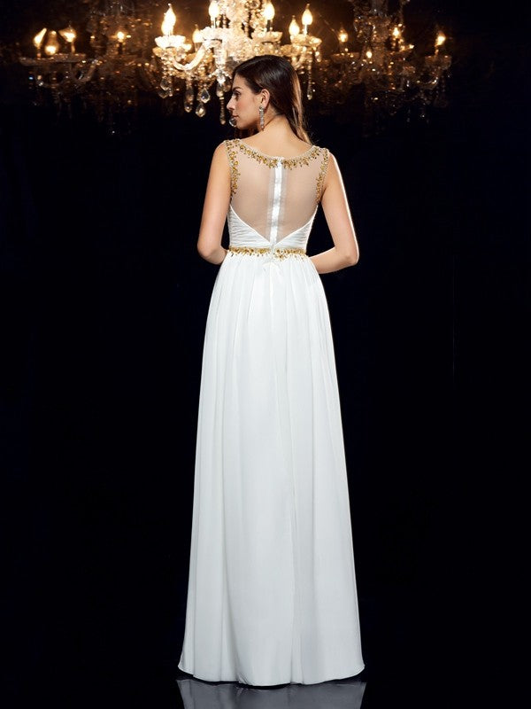 A-Line/Princess Sheer Neck Beading Sleeveless Long Chiffon Dresses