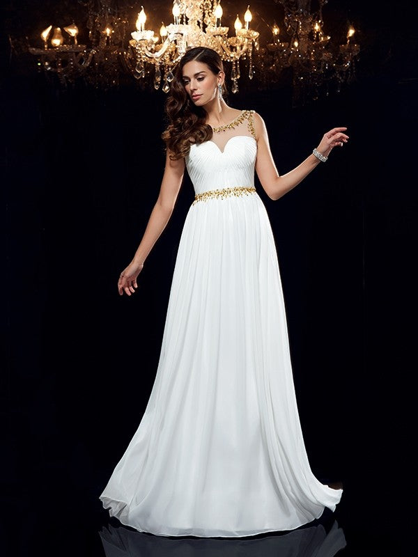 A-Line/Princess Sheer Neck Beading Sleeveless Long Chiffon Dresses
