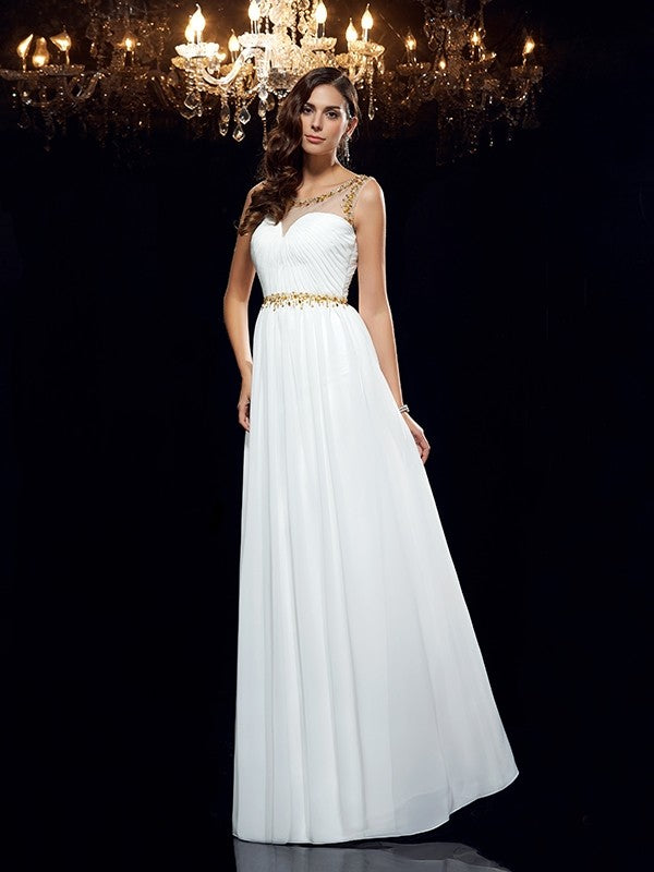 A-Line/Princess Sheer Neck Beading Sleeveless Long Chiffon Dresses
