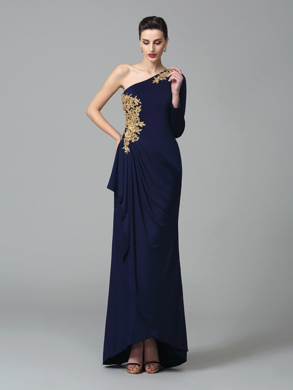 Etui-Linie One-Shoulder-Träger Stickerei Lange Ärmel Lange Spandex Kleider