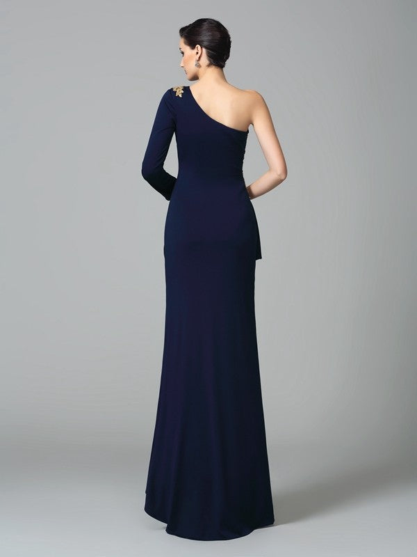 Etui-Linie One-Shoulder-Träger Stickerei Lange Ärmel Lange Spandex Kleider