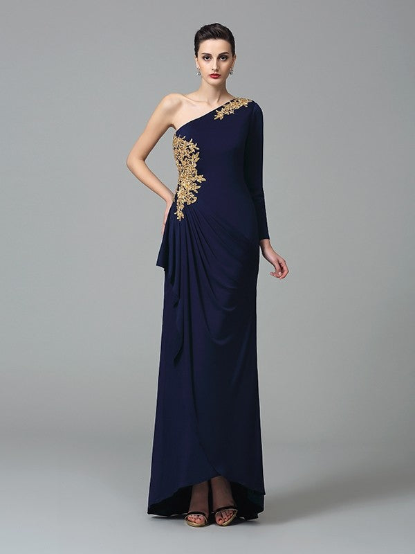 Etui-Linie One-Shoulder-Träger Stickerei Lange Ärmel Lange Spandex Kleider