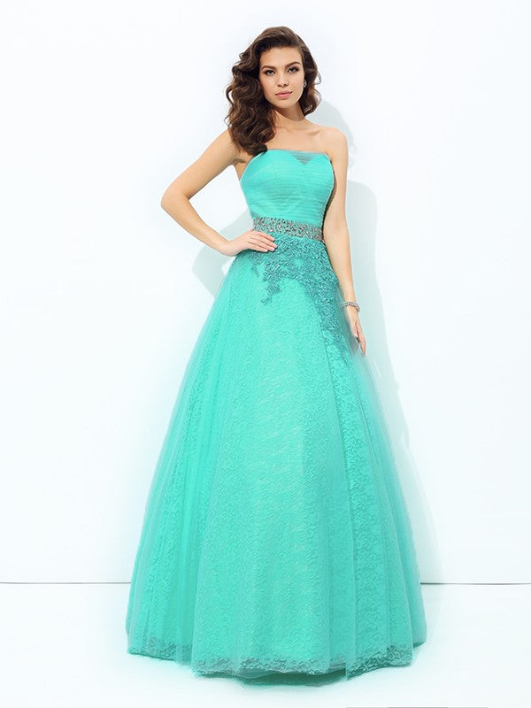A-line/Princess Strapless Beading Sleeveless Long  Woven Satin Dresses