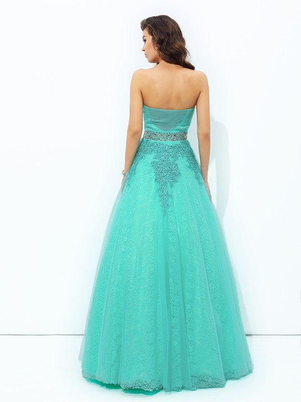 A-line/Princess Strapless Beading Sleeveless Long  Woven Satin Dresses
