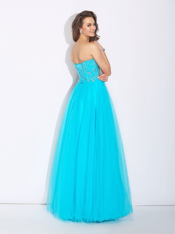 A-Line/Princess Sweetheart Rhinestone Sleeveless Long Satin Dresses