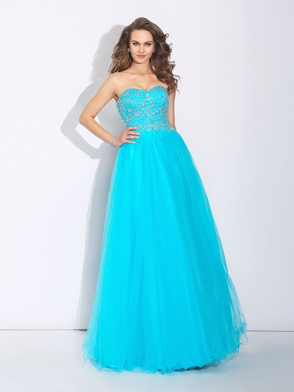 A-Line/Princess Sweetheart Rhinestone Sleeveless Long Satin Dresses
