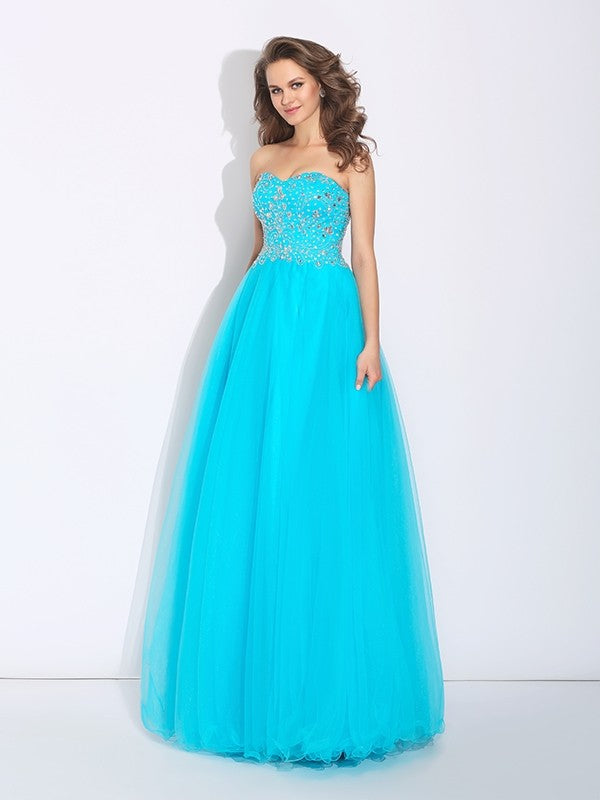 A-Line/Princess Sweetheart Rhinestone Sleeveless Long Satin Dresses