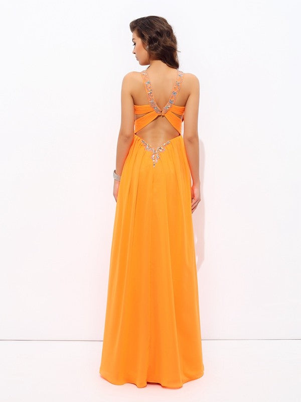 A-line/Princess V-neck Rhinestone Sleeveless Long Chiffon Dresses