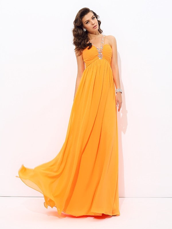 A-line/Princess V-neck Rhinestone Sleeveless Long Chiffon Dresses