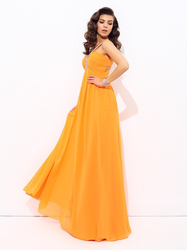 A-line/Princess V-neck Rhinestone Sleeveless Long Chiffon Dresses