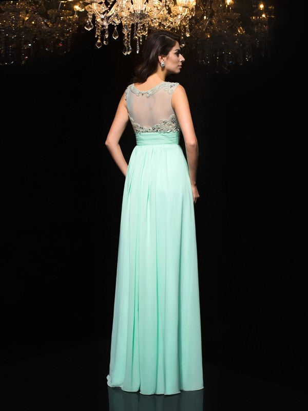 A-Line/Princess Sheer Neck Beading Sleeveless Long Chiffon Dresses