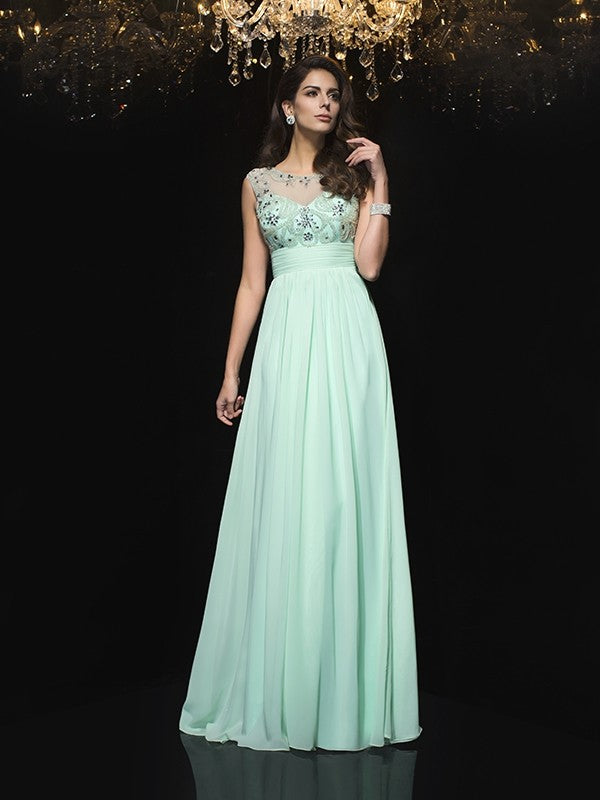 A-Line/Princess Sheer Neck Beading Sleeveless Long Chiffon Dresses