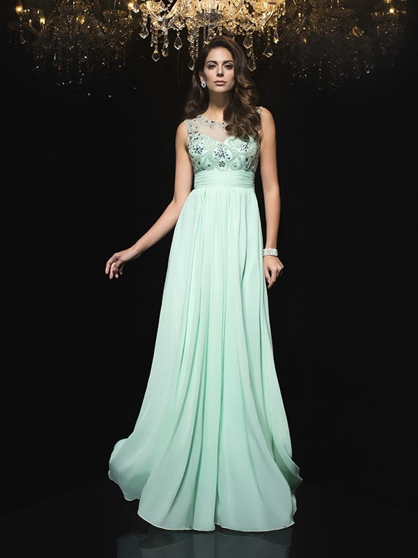 A-Line/Princess Sheer Neck Beading Sleeveless Long Chiffon Dresses