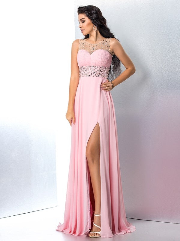A-Line/Princess Sheer Neck Beading Sleeveless Long Chiffon Dresses