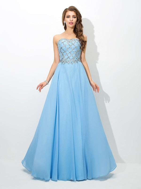 A-Line/Princess Sweetheart Beading Sleeveless Long Chiffon Dresses