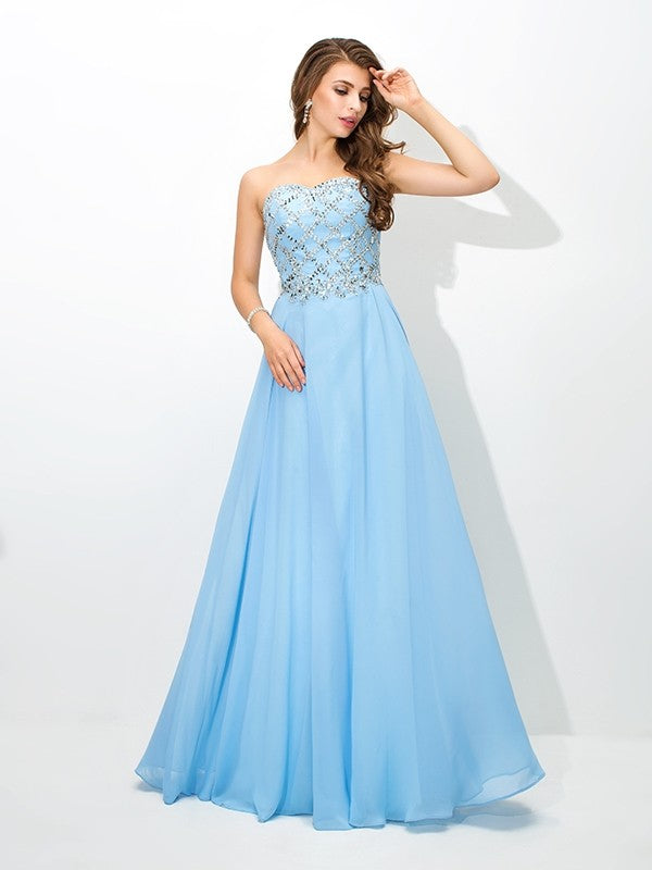 A-Line/Princess Sweetheart Beading Sleeveless Long Chiffon Dresses