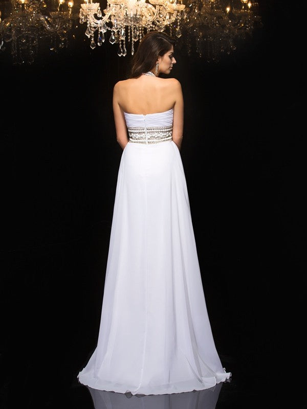 A-Line/Princess Halter Sleeveless Long Chiffon Dresses