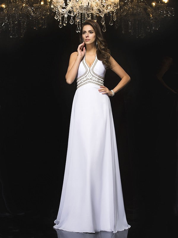 A-Line/Princess Halter Sleeveless Long Chiffon Dresses