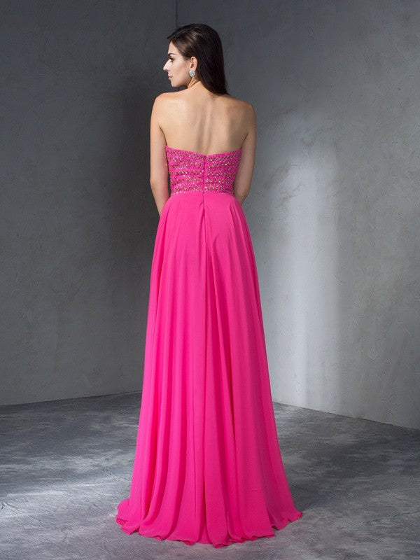 A-Line/Princess Sweetheart Beading Sleeveless Long Chiffon Dresses