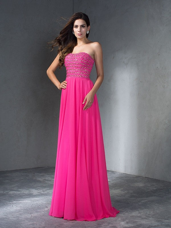 A-Line/Princess Sweetheart Beading Sleeveless Long Chiffon Dresses