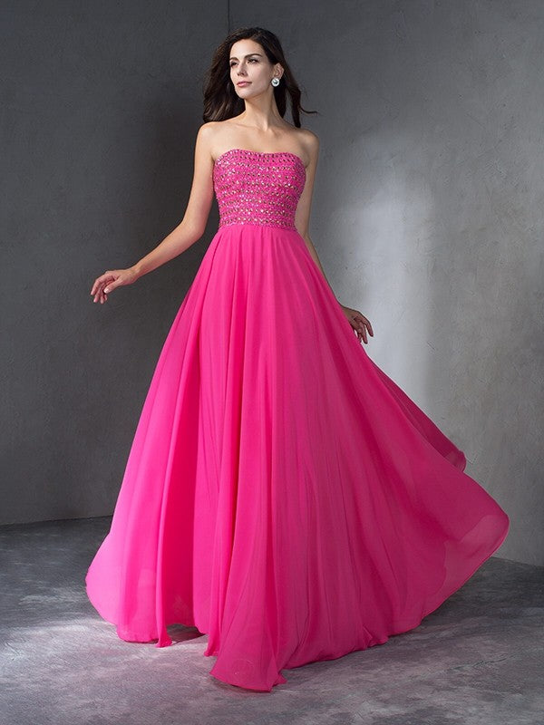 A-Line/Princess Sweetheart Beading Sleeveless Long Chiffon Dresses