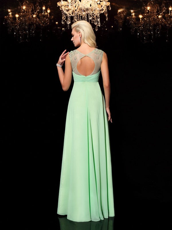 A-line/Princess Scoop Beading Sleeveless Long Chiffon Dresses