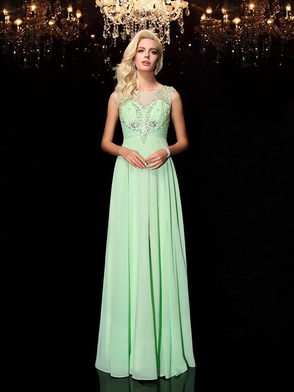 A-line/Princess Scoop Beading Sleeveless Long Chiffon Dresses