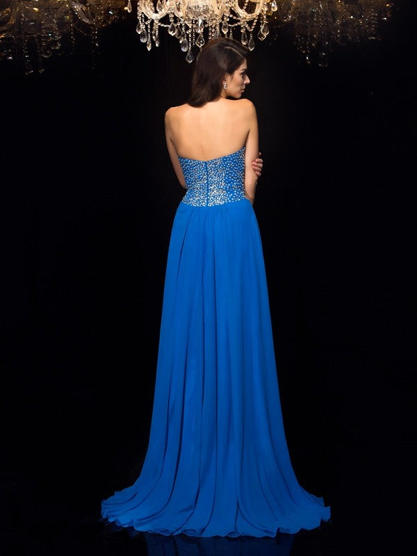 A-Line/Princess Sweetheart Beading Sleeveless Long Chiffon Dresses
