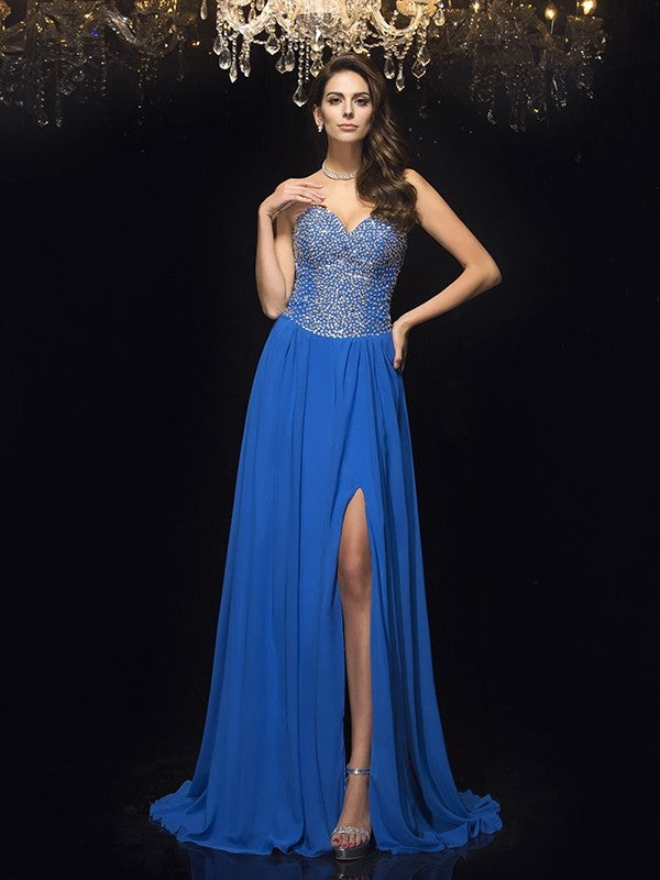 A-Line/Princess Sweetheart Beading Sleeveless Long Chiffon Dresses