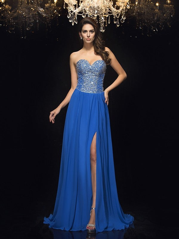 A-Line/Princess Sweetheart Beading Sleeveless Long Chiffon Dresses