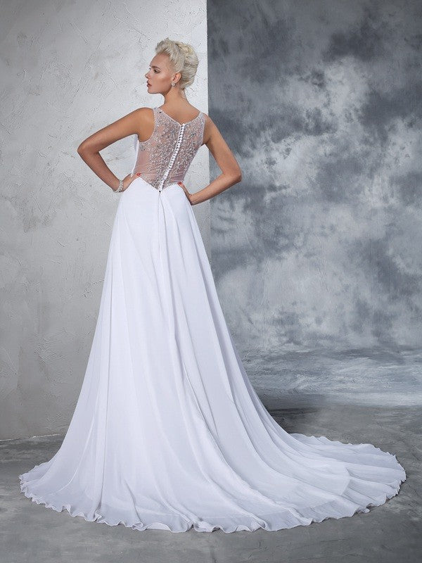 A-Line/Princess V-neck Beading Sleeveless Long Chiffon Wedding Dresses