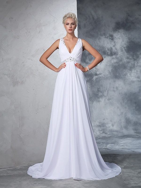 A-Line/Princess V-neck Beading Sleeveless Long Chiffon Wedding Dresses