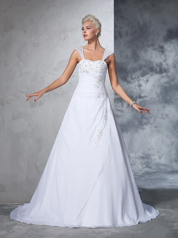 Robe de mariée longue en mousseline de soie, sans manches, avec bretelles et appliques
