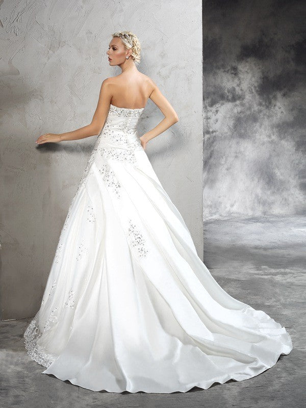 Ball Gown Strapless Beading Sleeveless Long Satin Wedding Dresses