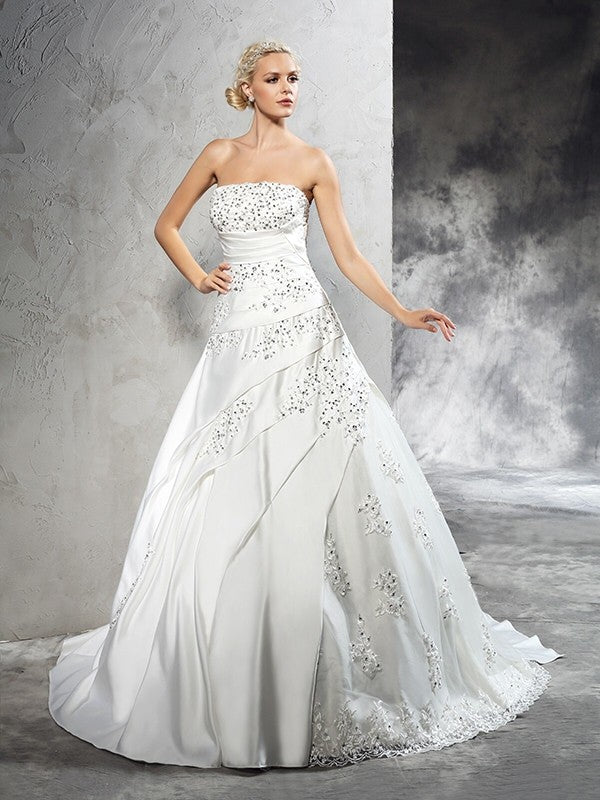 Ball Gown Strapless Beading Sleeveless Long Satin Wedding Dresses