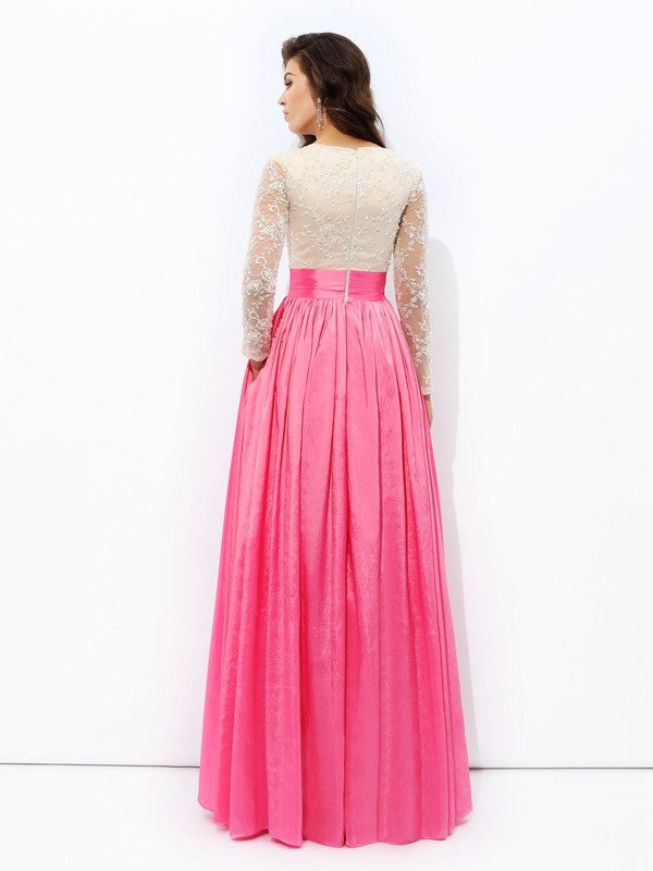 A-line/Princess V-neck Lace Long Sleeves Long Taffeta Dresses