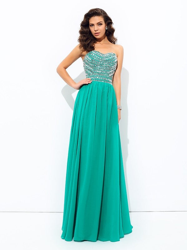 A-line/Princess Sweetheart Beading Sleeveless Long Chiffon Dresses