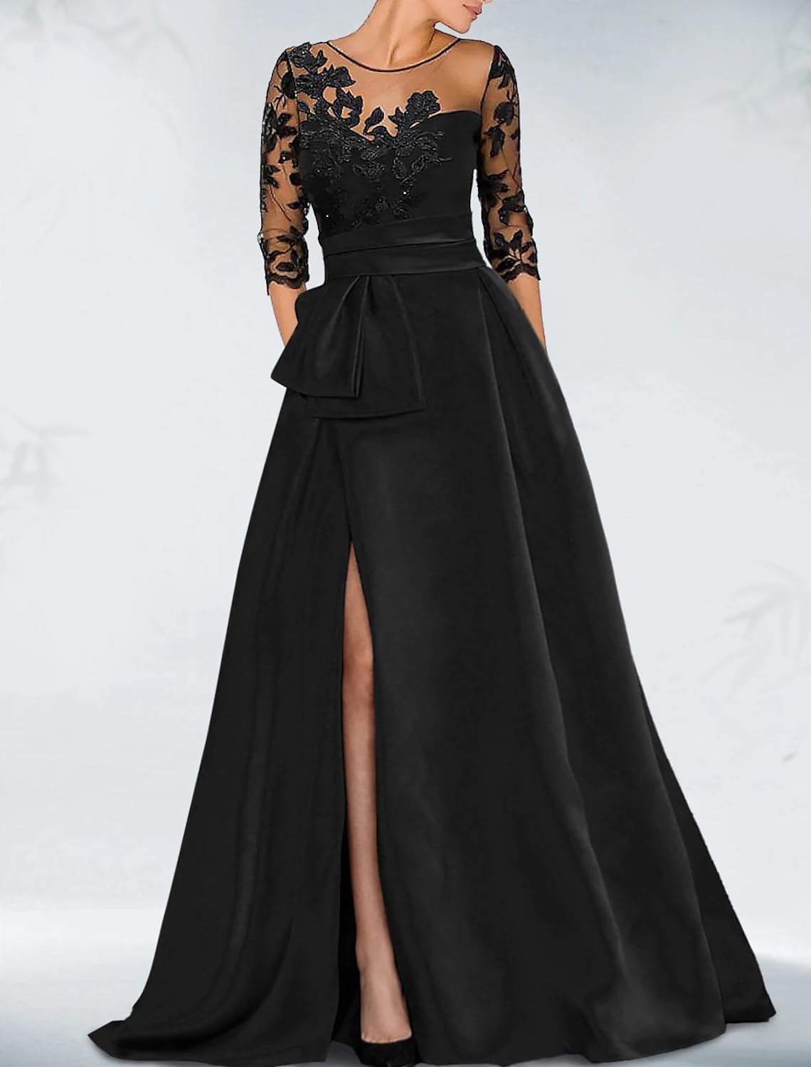 A-Linie elegantes Hochzeitsgastkleid Palastschleppe Schmuckkragen 3/4 Ärmel Abendkleid mit Perlenbesetztem Schlitzaufkleber 2024